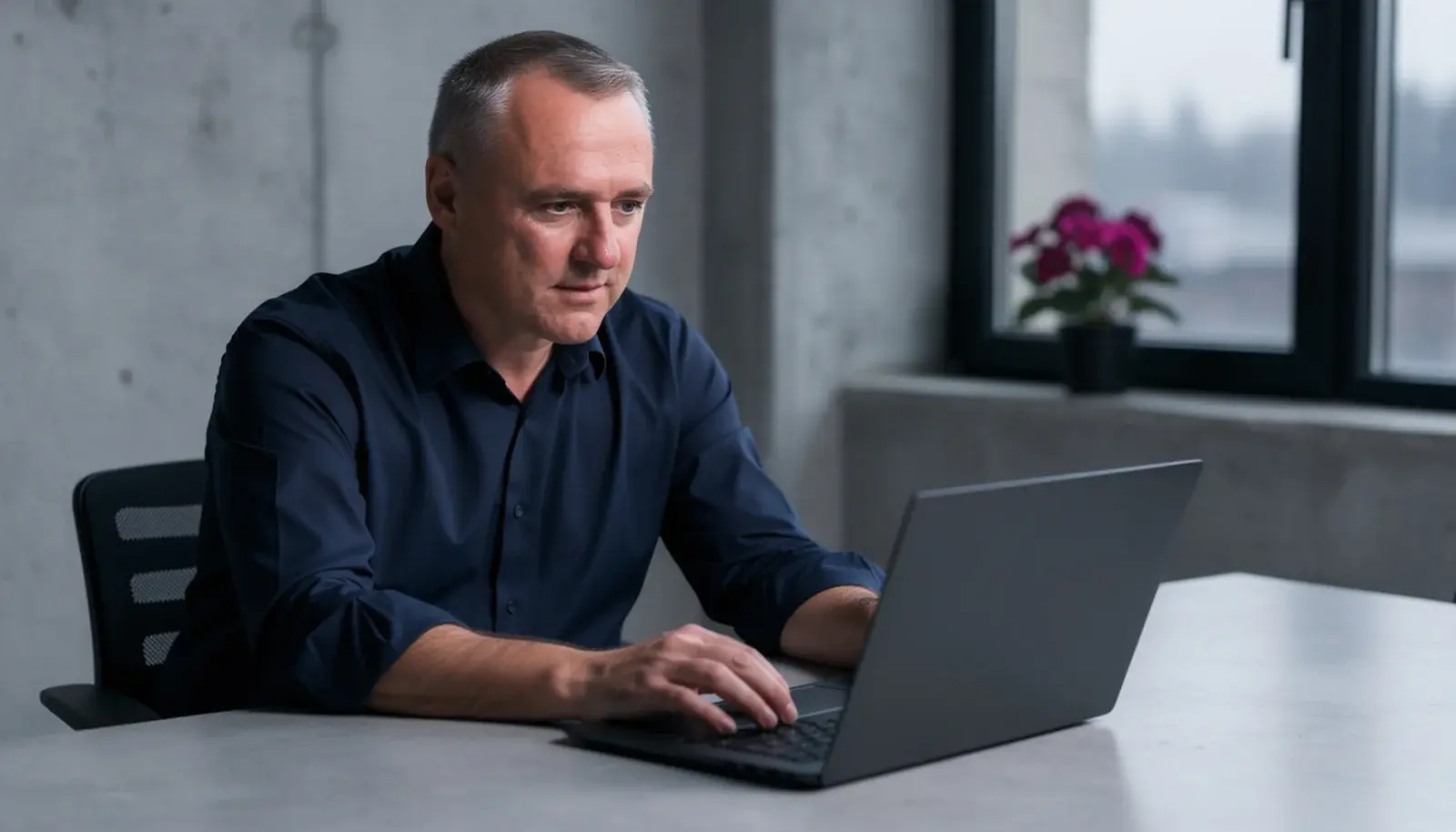 Leader at a desk reviewing AI-generated output on a laptop screen, with notes and a coffee cup in the foreground