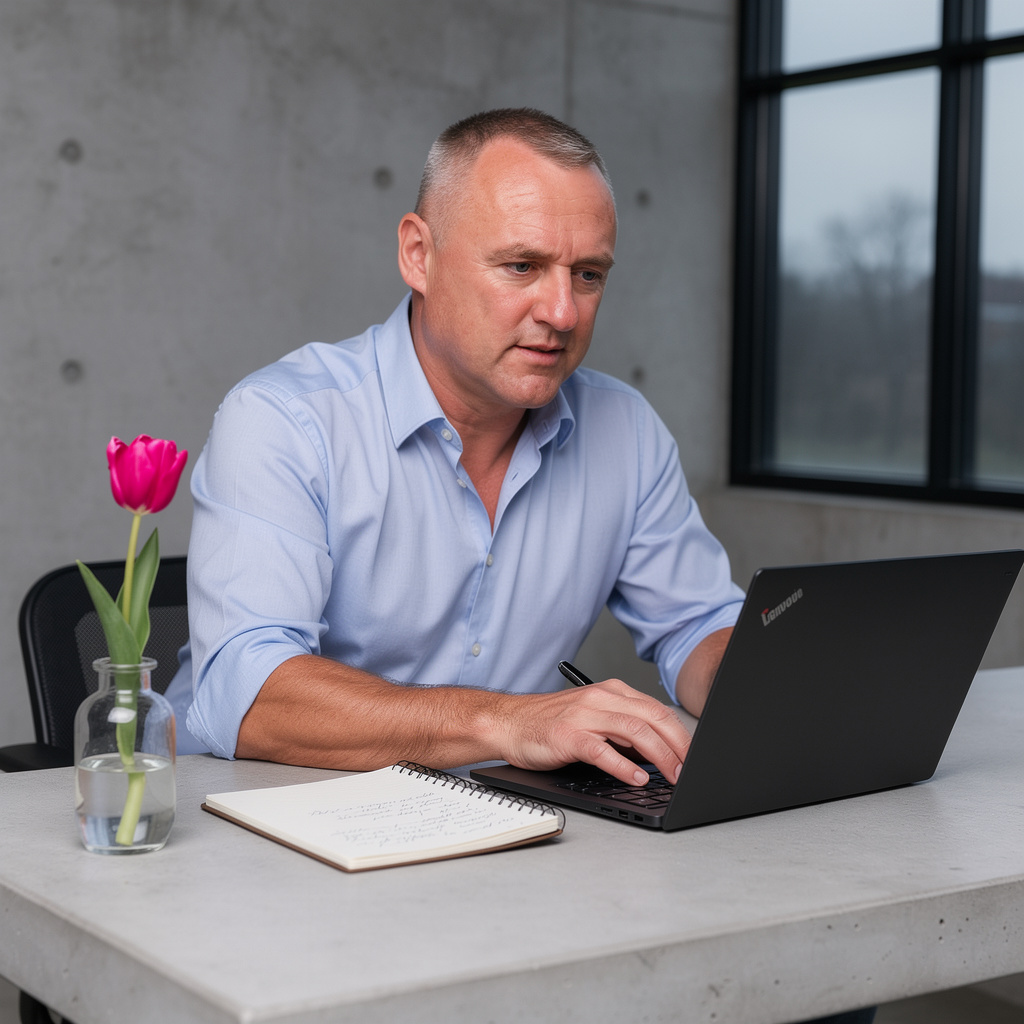 Executive reviewing AI-generated analysis on screen, pen in hand, making a considered leadership decision